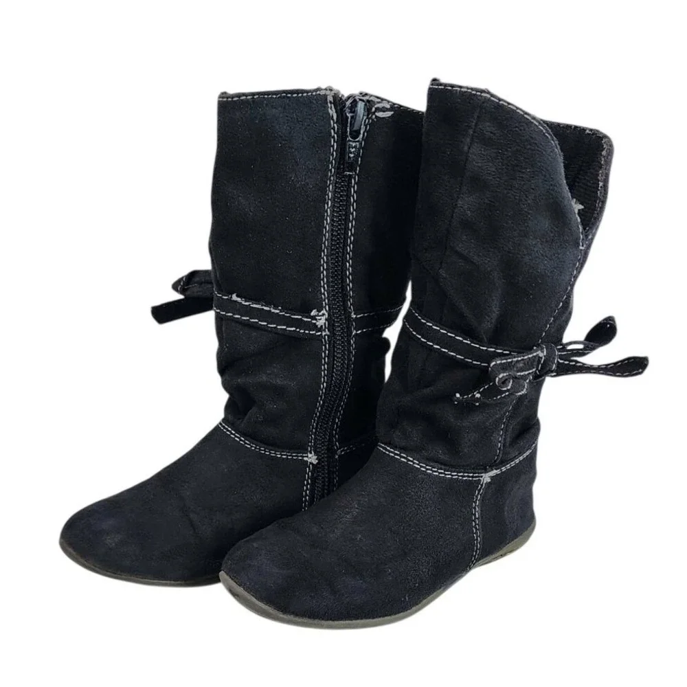 Kids Black Suede Slouch Boots with‎ White Stitching Bow Detail Side Zip Size 8